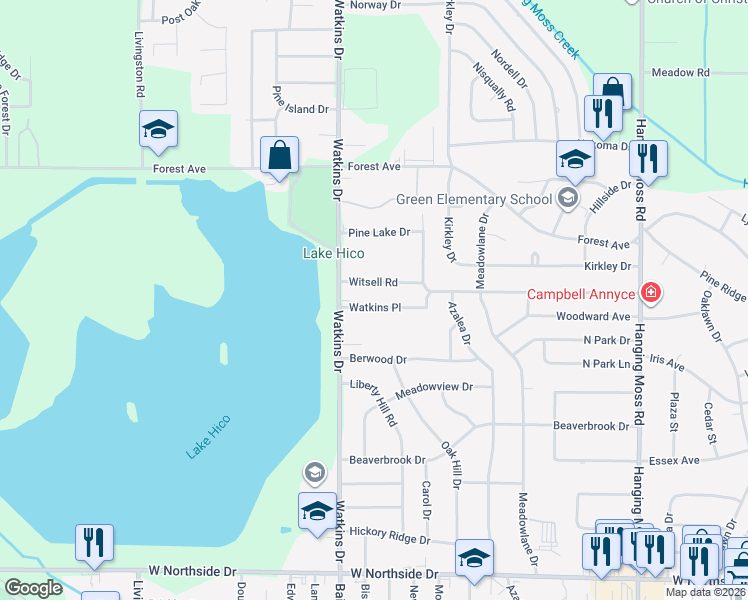 map of restaurants, bars, coffee shops, grocery stores, and more near 934 Watkins Place in Jackson