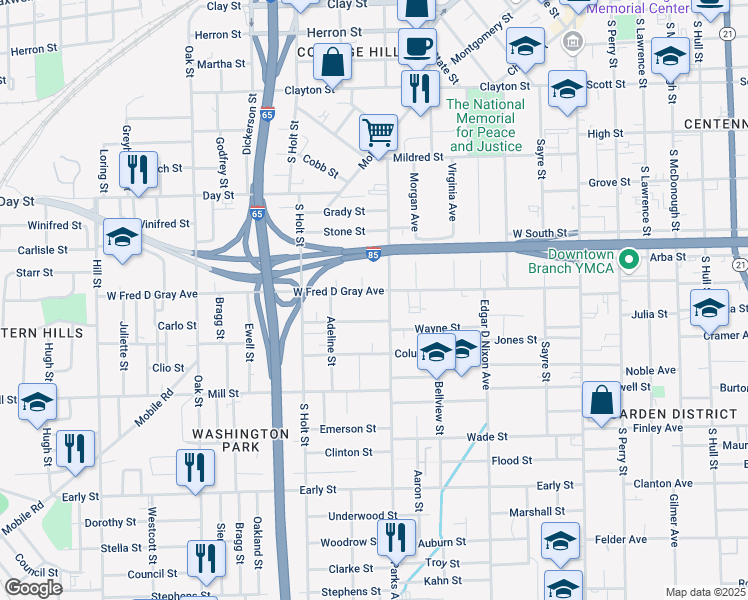 map of restaurants, bars, coffee shops, grocery stores, and more near 618 Bullock Street in Montgomery