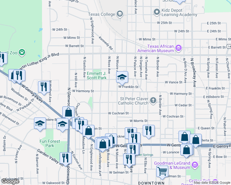 map of restaurants, bars, coffee shops, grocery stores, and more near 1522 North Moore Avenue in Tyler