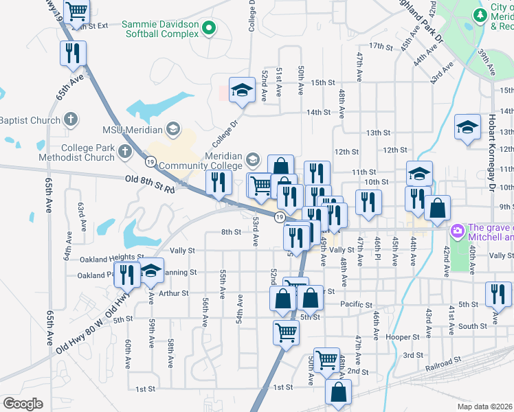 map of restaurants, bars, coffee shops, grocery stores, and more near 1719 Highway 19 North in Meridian