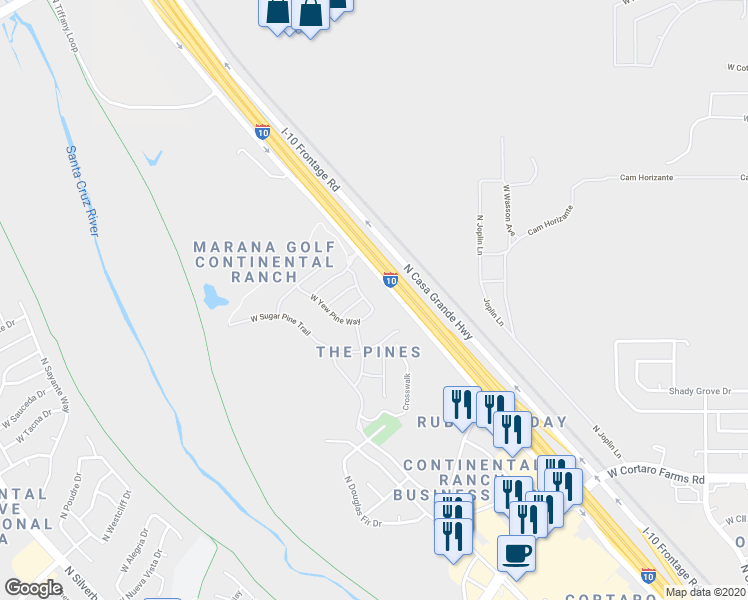 map of restaurants, bars, coffee shops, grocery stores, and more near 6258 West Yew Pine Way in Tucson