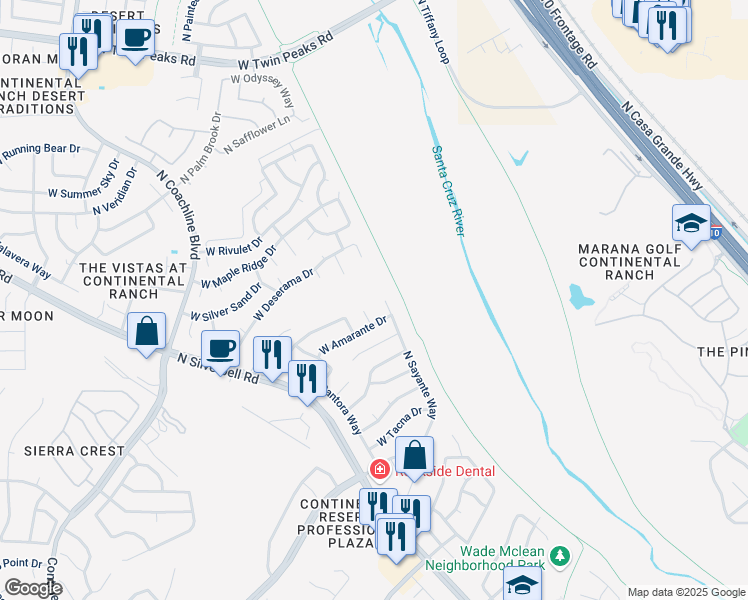 map of restaurants, bars, coffee shops, grocery stores, and more near 8755 North Sayante Way in Tucson