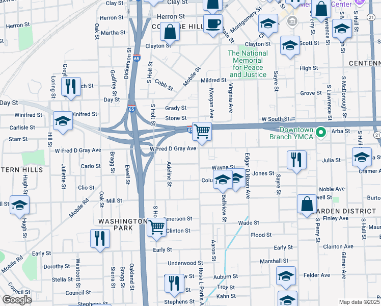 map of restaurants, bars, coffee shops, grocery stores, and more near 618 Bullock Street in Montgomery