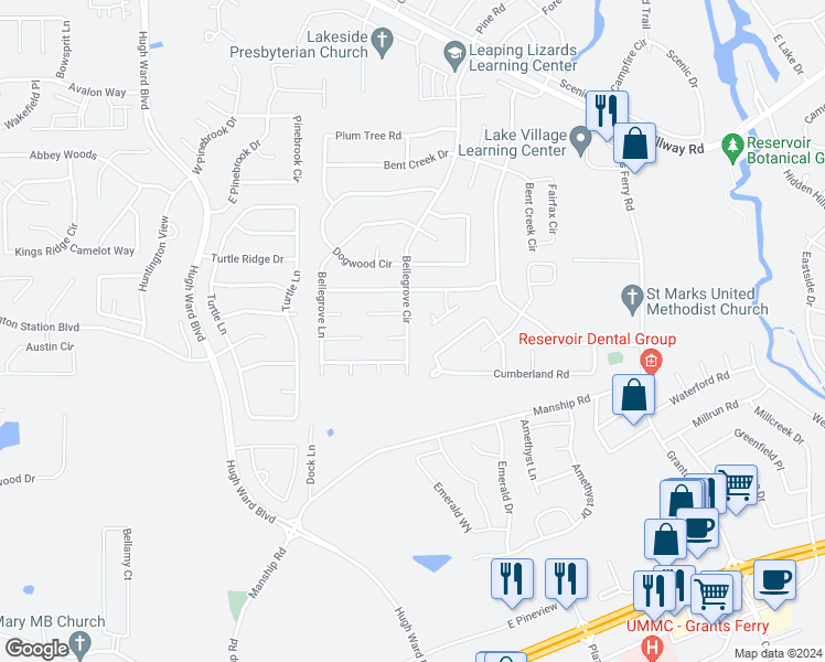 map of restaurants, bars, coffee shops, grocery stores, and more near 121 Bellegrove Circle in Brandon