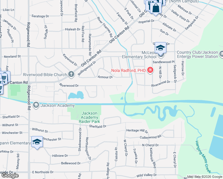 map of restaurants, bars, coffee shops, grocery stores, and more near 1503 Riverwood Drive in Jackson