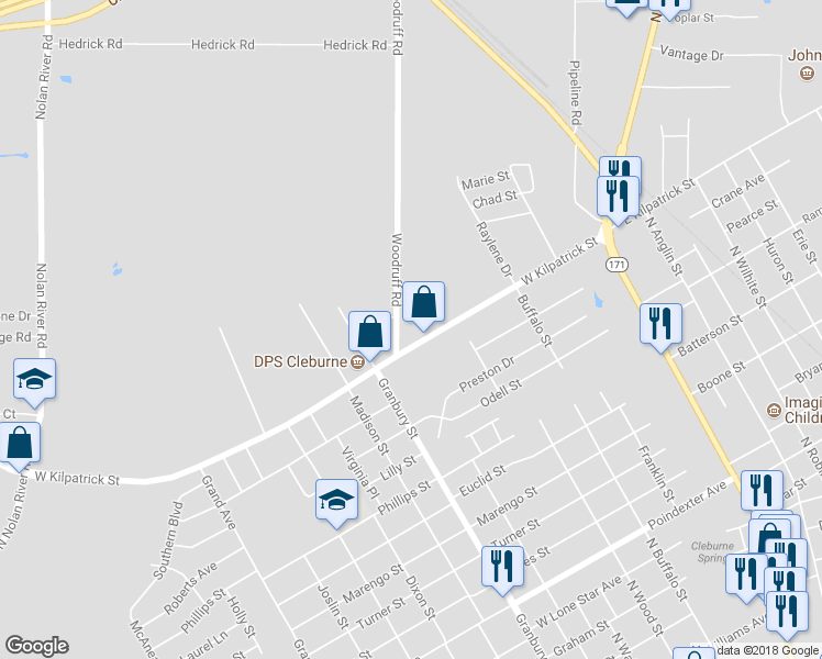 map of restaurants, bars, coffee shops, grocery stores, and more near 424 West Kilpatrick Street in Cleburne