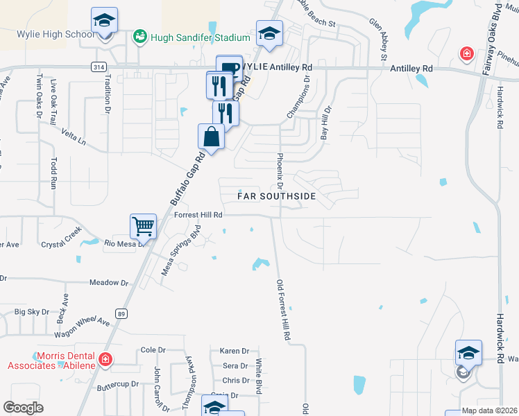 map of restaurants, bars, coffee shops, grocery stores, and more near 3 Mission Hills in Abilene