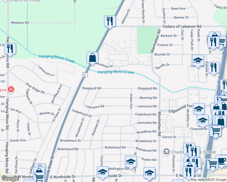 map of restaurants, bars, coffee shops, grocery stores, and more near 538 Benning Road in Jackson