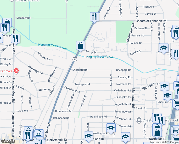 map of restaurants, bars, coffee shops, grocery stores, and more near 428 Benning Road in Jackson