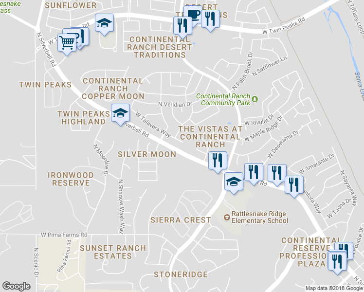 map of restaurants, bars, coffee shops, grocery stores, and more near 7593 West Talavera Way in Tucson