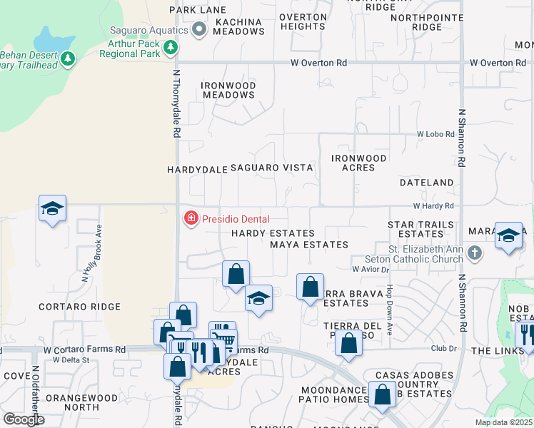 map of restaurants, bars, coffee shops, grocery stores, and more near 8763 North Ash Grove Court in Tucson