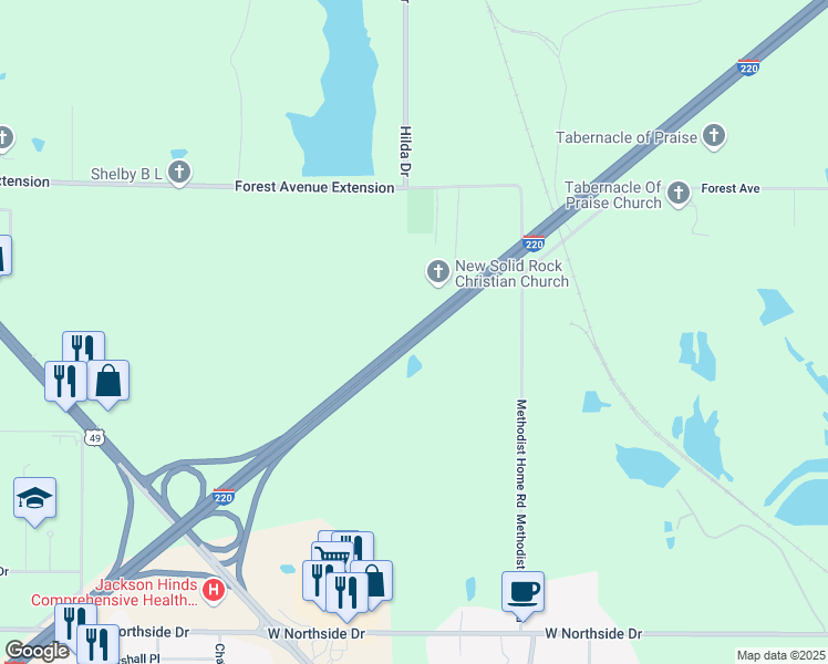 map of restaurants, bars, coffee shops, grocery stores, and more near Interstate 220 in Jackson