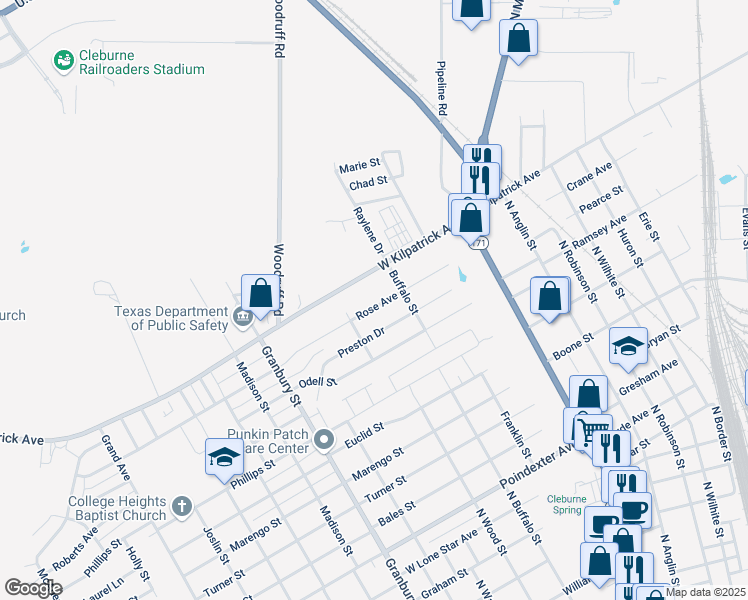map of restaurants, bars, coffee shops, grocery stores, and more near 310 Rose Avenue in Cleburne