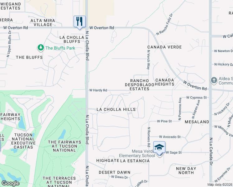 map of restaurants, bars, coffee shops, grocery stores, and more near 1928 West Misty Hollow Lane in Tucson