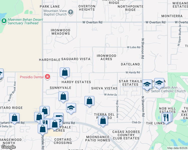 map of restaurants, bars, coffee shops, grocery stores, and more near 3312 West Donovan Drive in Tucson