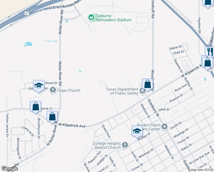 map of restaurants, bars, coffee shops, grocery stores, and more near 1106 West Kilpatrick Street in Cleburne