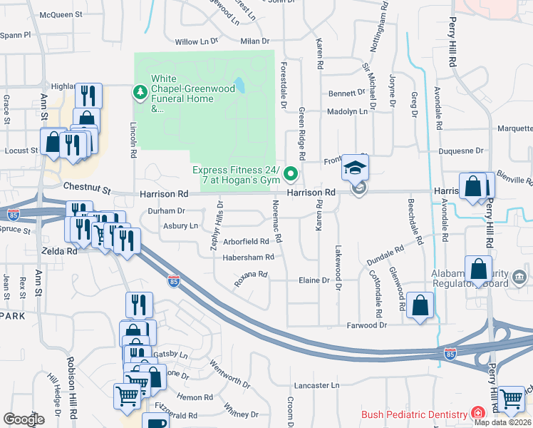 map of restaurants, bars, coffee shops, grocery stores, and more near 3374 Loch Haven Road in Montgomery