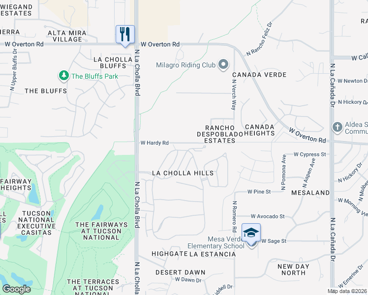 map of restaurants, bars, coffee shops, grocery stores, and more near 1928 West Misty Hollow Lane in Tucson