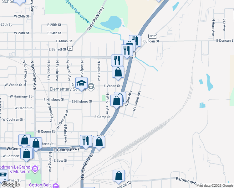 map of restaurants, bars, coffee shops, grocery stores, and more near 1516 Owens Avenue in Tyler