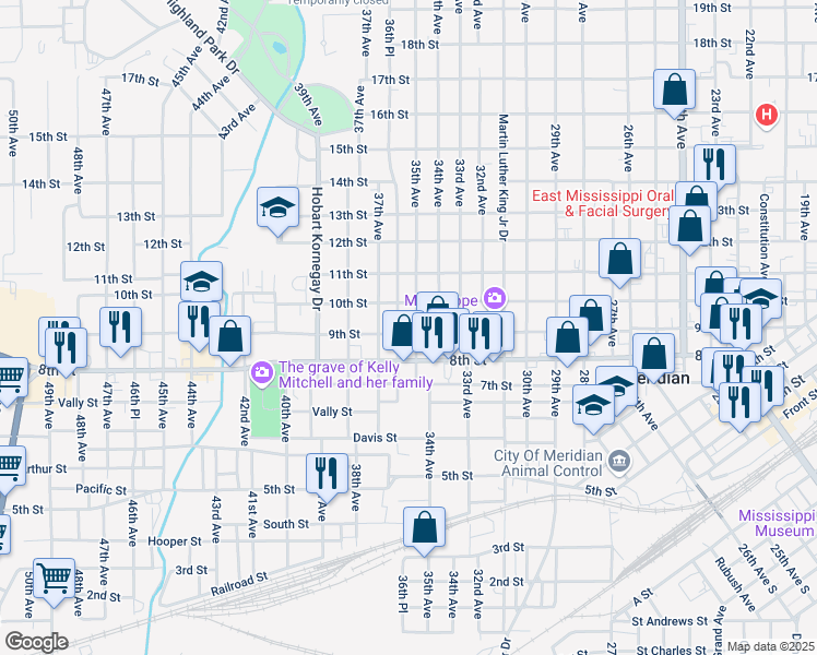 map of restaurants, bars, coffee shops, grocery stores, and more near 813-819 35th Ave in Meridian