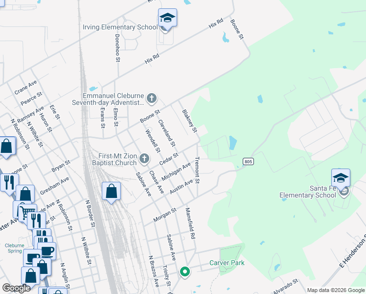map of restaurants, bars, coffee shops, grocery stores, and more near 310 Eastland Street in Cleburne