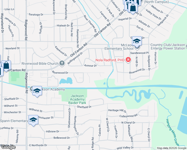 map of restaurants, bars, coffee shops, grocery stores, and more near 1503 Riverwood Drive in Jackson