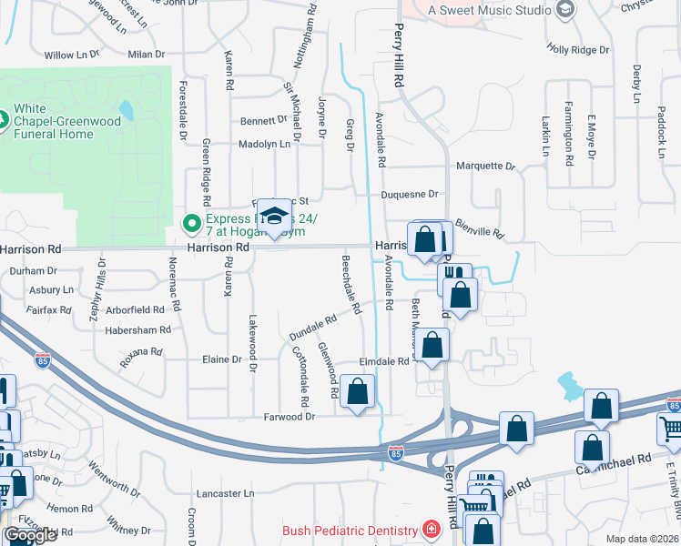 map of restaurants, bars, coffee shops, grocery stores, and more near 1024 Beechdale Road in Montgomery