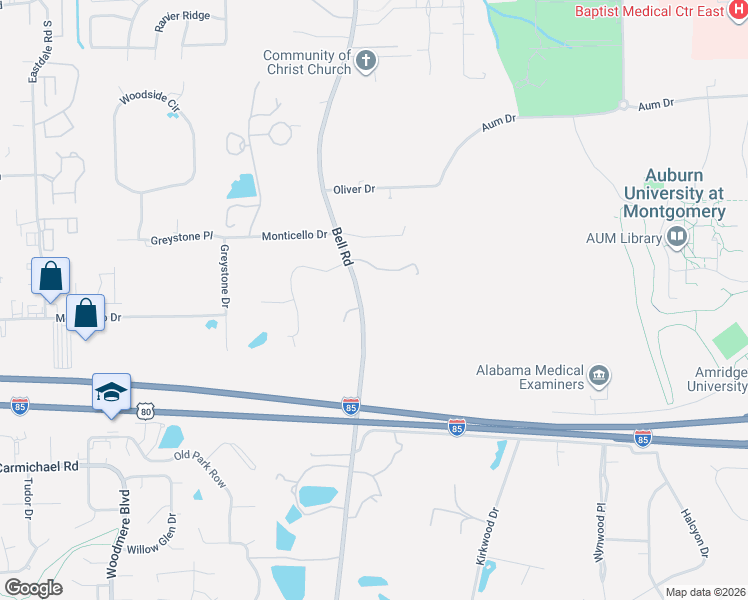 map of restaurants, bars, coffee shops, grocery stores, and more near 1005 Bell Road in Montgomery