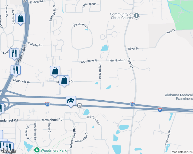 map of restaurants, bars, coffee shops, grocery stores, and more near 6139-6299 Monticello Drive in Montgomery