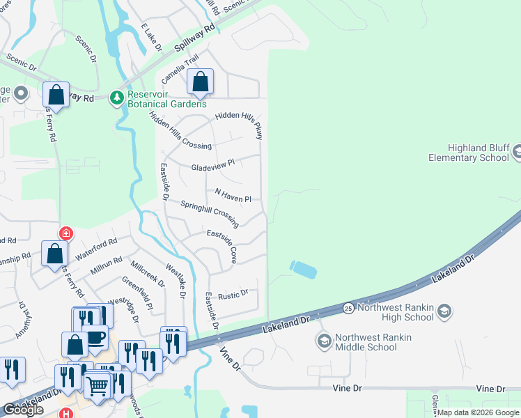 map of restaurants, bars, coffee shops, grocery stores, and more near 546 Springhill Crossing in Brandon