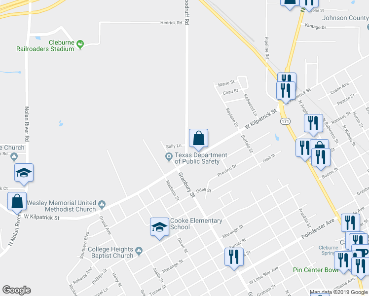map of restaurants, bars, coffee shops, grocery stores, and more near 424 West Kilpatrick Street in Cleburne