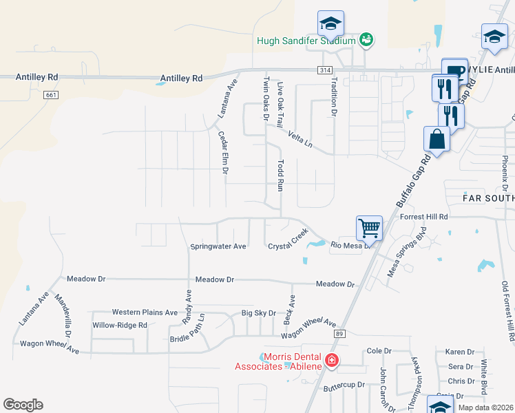 map of restaurants, bars, coffee shops, grocery stores, and more near 5150 Rio Mesa Drive in Abilene