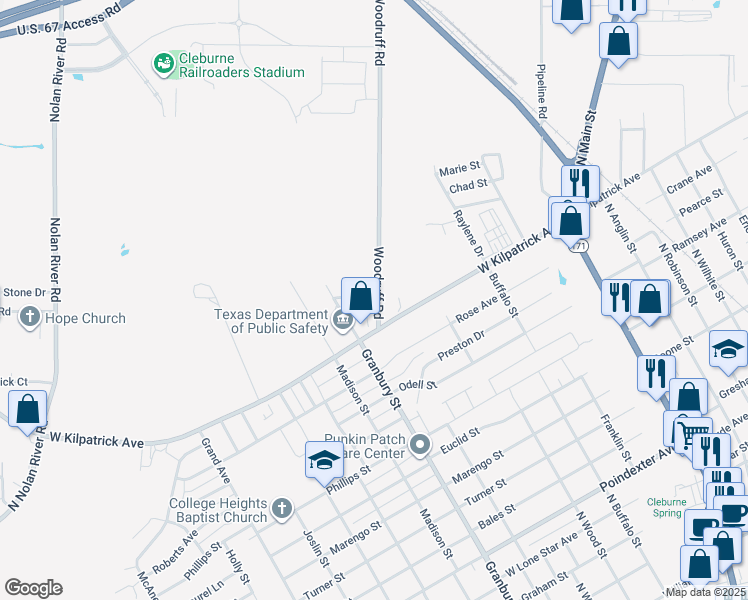 map of restaurants, bars, coffee shops, grocery stores, and more near 424 West Kilpatrick Street in Cleburne