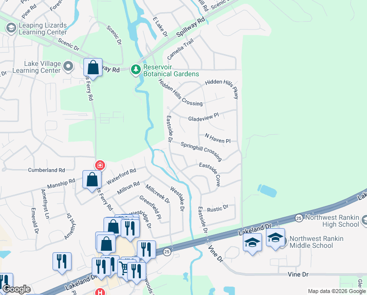 map of restaurants, bars, coffee shops, grocery stores, and more near 207 Eastside Lane in Brandon