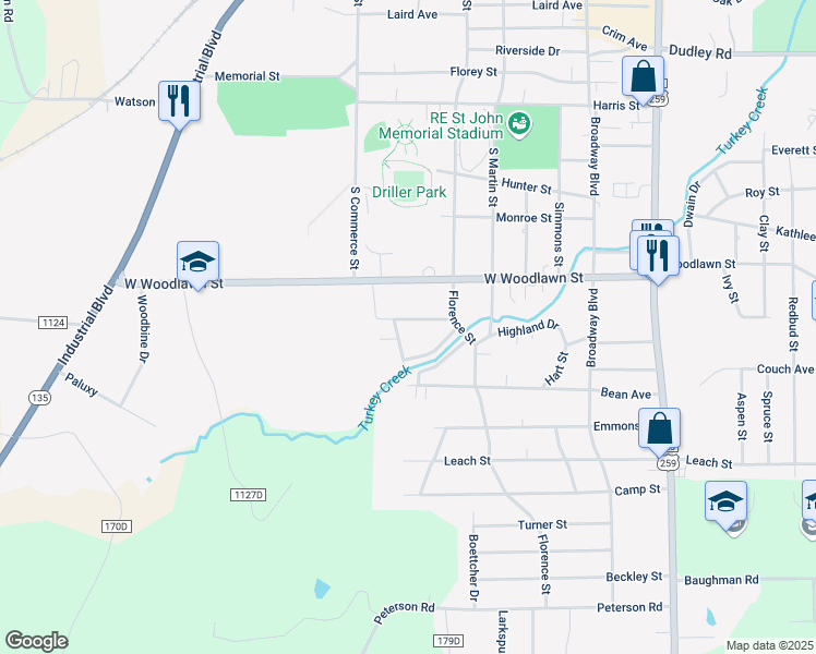 map of restaurants, bars, coffee shops, grocery stores, and more near 2521 Sunset Lane in Kilgore