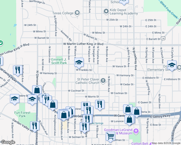 map of restaurants, bars, coffee shops, grocery stores, and more near 1513 North Palace Avenue in Tyler
