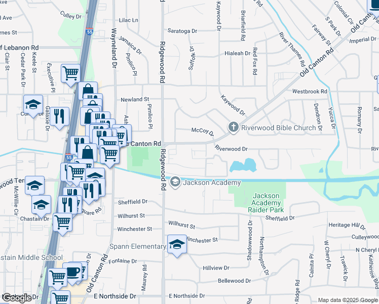 map of restaurants, bars, coffee shops, grocery stores, and more near 5115 Old Canton Road in Jackson