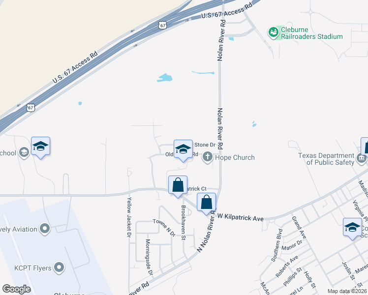 map of restaurants, bars, coffee shops, grocery stores, and more near 1505 Old Bridge Road in Cleburne