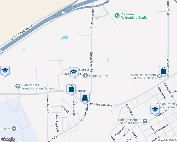 map of restaurants, bars, coffee shops, grocery stores, and more near 1405 Old Bridge Road in Cleburne