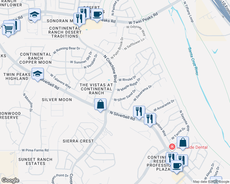 map of restaurants, bars, coffee shops, grocery stores, and more near 7334 West Silver Sand Drive in Tucson