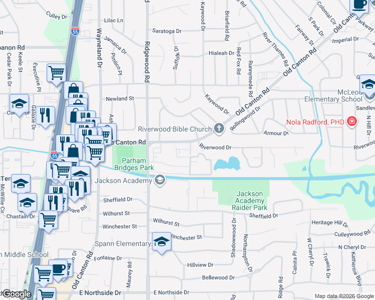 map of restaurants, bars, coffee shops, grocery stores, and more near 1312 Riverwood Drive in Jackson