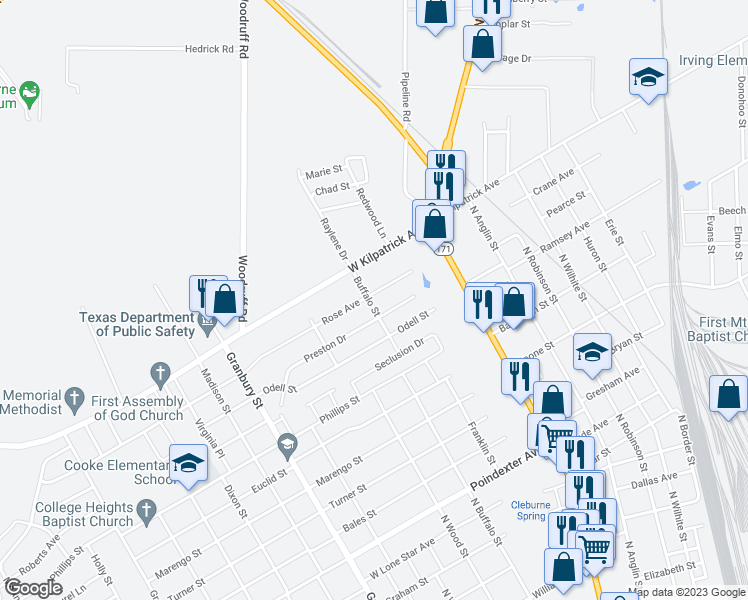 map of restaurants, bars, coffee shops, grocery stores, and more near 225 Rose Avenue in Cleburne