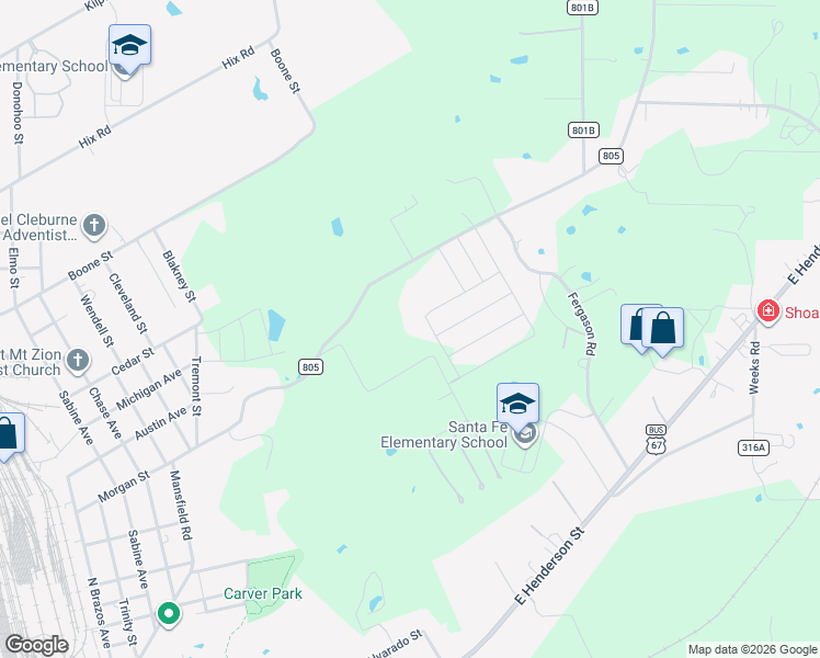 map of restaurants, bars, coffee shops, grocery stores, and more near 800 County Road 805 in Cleburne
