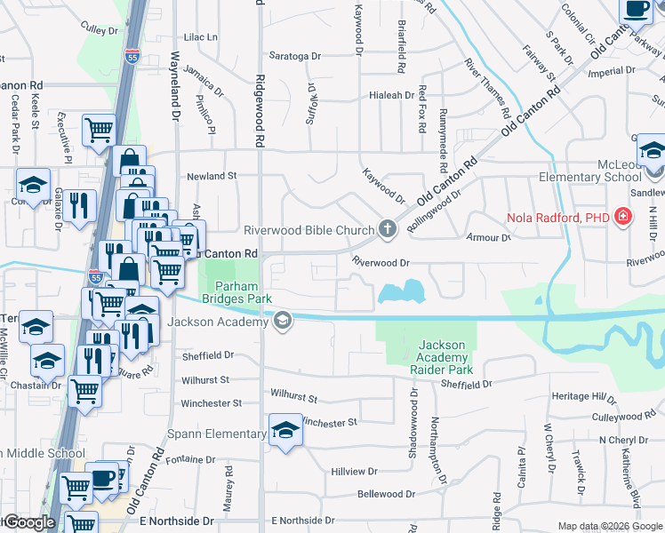 map of restaurants, bars, coffee shops, grocery stores, and more near 1312 Riverwood Drive in Jackson