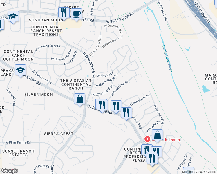 map of restaurants, bars, coffee shops, grocery stores, and more near 7271 West Silver Sand Drive in Tucson
