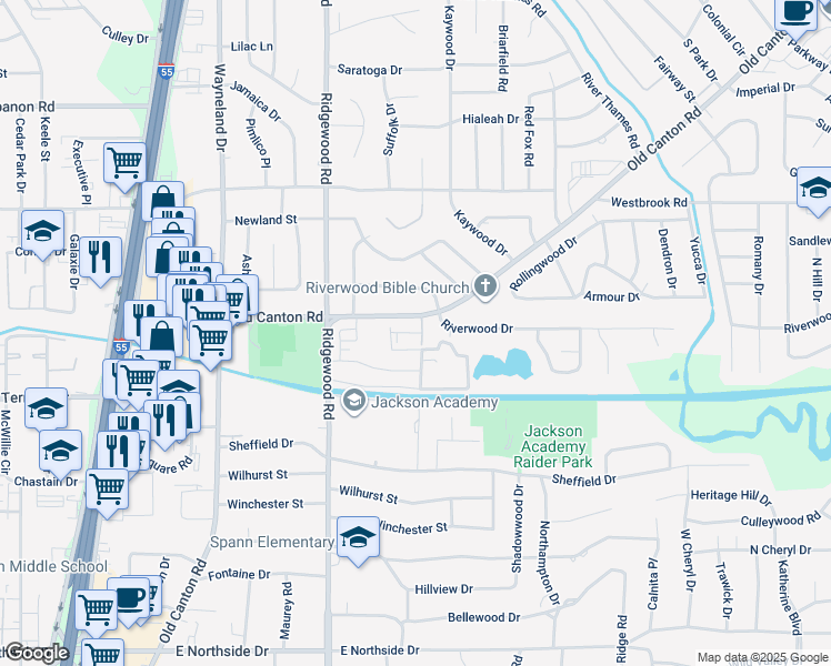 map of restaurants, bars, coffee shops, grocery stores, and more near 5125 Old Canton Road in Jackson