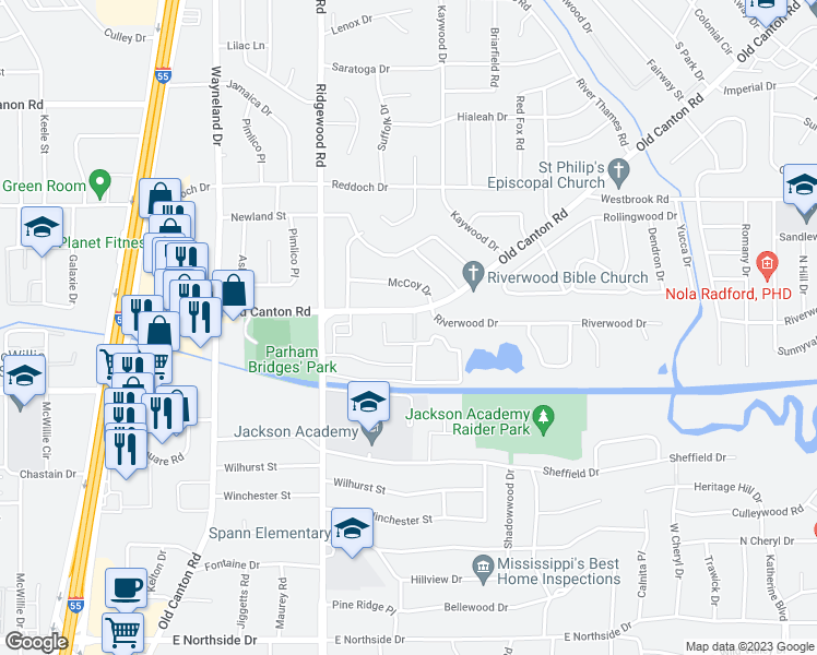 map of restaurants, bars, coffee shops, grocery stores, and more near 1312 Riverwood Drive in Jackson
