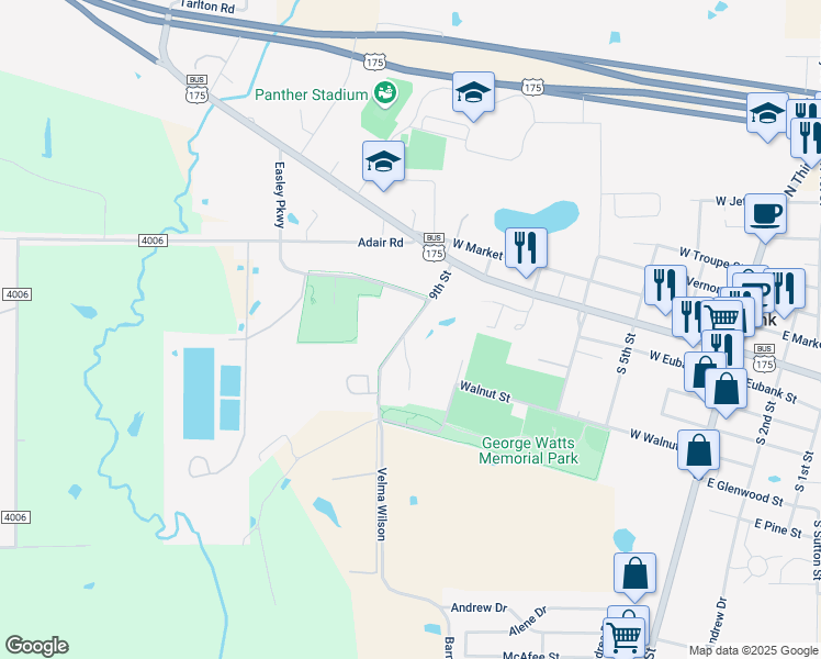 map of restaurants, bars, coffee shops, grocery stores, and more near 211 South 9th Street in Mabank