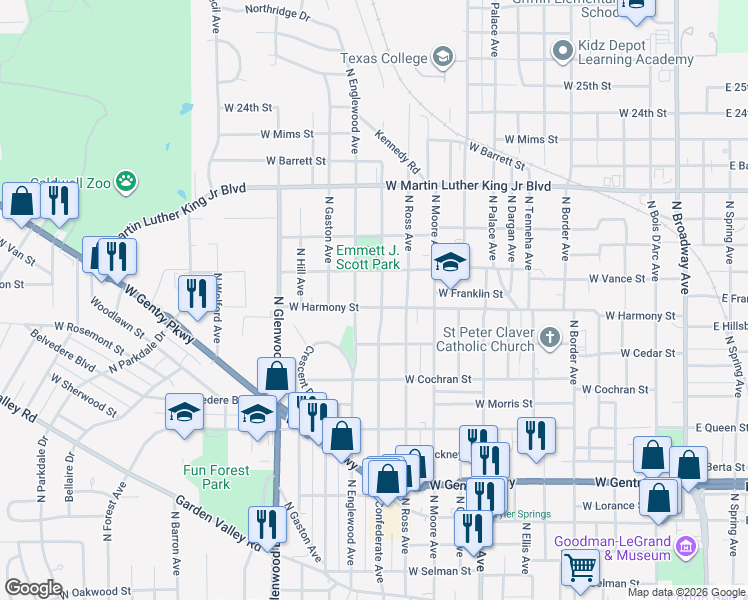 map of restaurants, bars, coffee shops, grocery stores, and more near 1517 North Confederate Avenue in Tyler