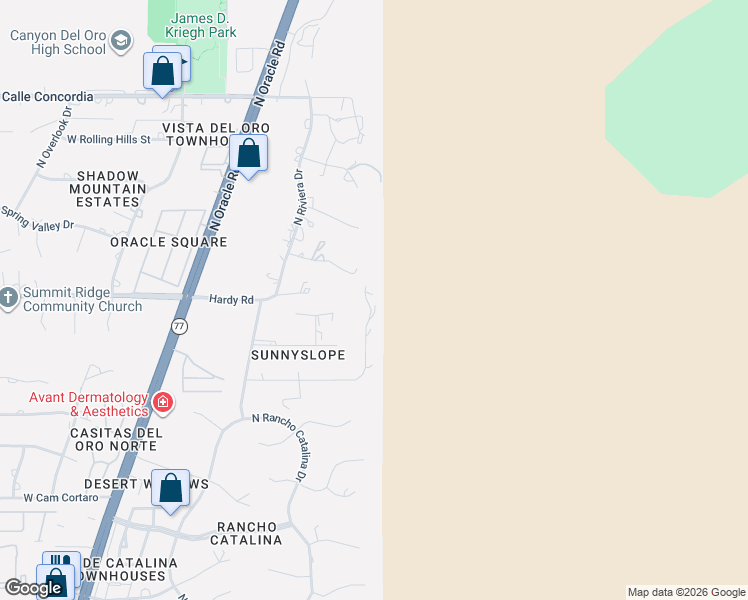 map of restaurants, bars, coffee shops, grocery stores, and more near 8730 North Glenhurst Place in Tucson